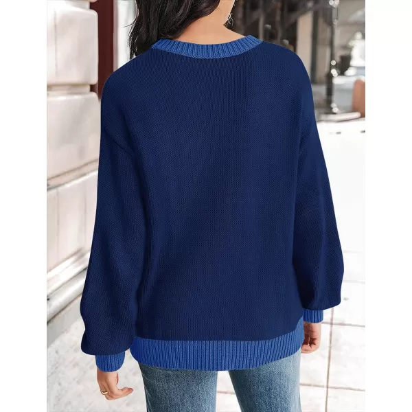 imageZESICA Womens Casual Long Sleeve Crew Neck Pullover 2023 Fall Ribbed Knit Loose Contrast Color Sweater TopsNavy