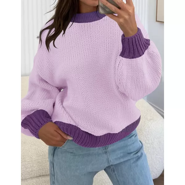 imageZESICA Womens Casual Long Sleeve Crew Neck Pullover 2023 Fall Ribbed Knit Loose Contrast Color Sweater TopsPurple