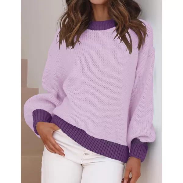 imageZESICA Womens Casual Long Sleeve Crew Neck Pullover 2023 Fall Ribbed Knit Loose Contrast Color Sweater TopsPurple