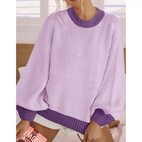 imageZESICA Womens Casual Long Sleeve Crew Neck Pullover 2023 Fall Ribbed Knit Loose Contrast Color Sweater TopsPurple