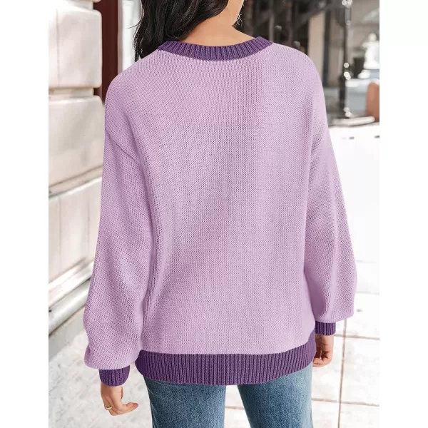imageZESICA Womens Casual Long Sleeve Crew Neck Pullover 2023 Fall Ribbed Knit Loose Contrast Color Sweater TopsPurple