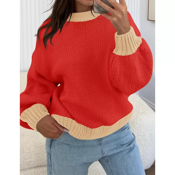 imageZESICA Womens Casual Long Sleeve Crew Neck Pullover 2023 Fall Ribbed Knit Loose Contrast Color Sweater TopsRed
