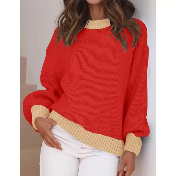 imageZESICA Womens Casual Long Sleeve Crew Neck Pullover 2023 Fall Ribbed Knit Loose Contrast Color Sweater TopsRed