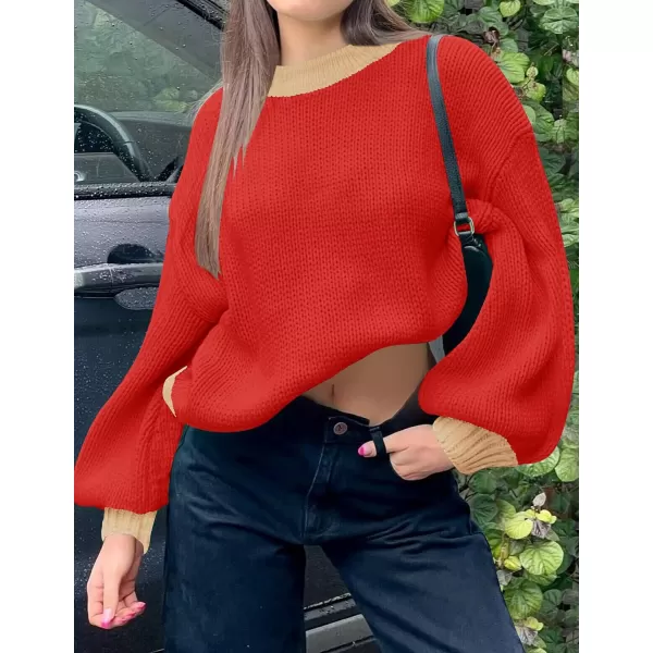 imageZESICA Womens Casual Long Sleeve Crew Neck Pullover 2023 Fall Ribbed Knit Loose Contrast Color Sweater TopsRed