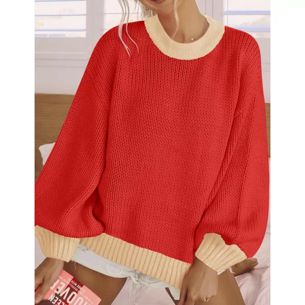imageZESICA Womens Casual Long Sleeve Crew Neck Pullover 2023 Fall Ribbed Knit Loose Contrast Color Sweater TopsRed