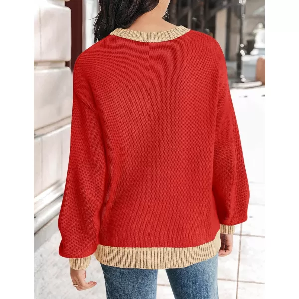 imageZESICA Womens Casual Long Sleeve Crew Neck Pullover 2023 Fall Ribbed Knit Loose Contrast Color Sweater TopsRed