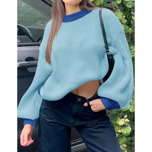 imageZESICA Womens Casual Long Sleeve Crew Neck Pullover 2023 Fall Ribbed Knit Loose Contrast Color Sweater TopsSky