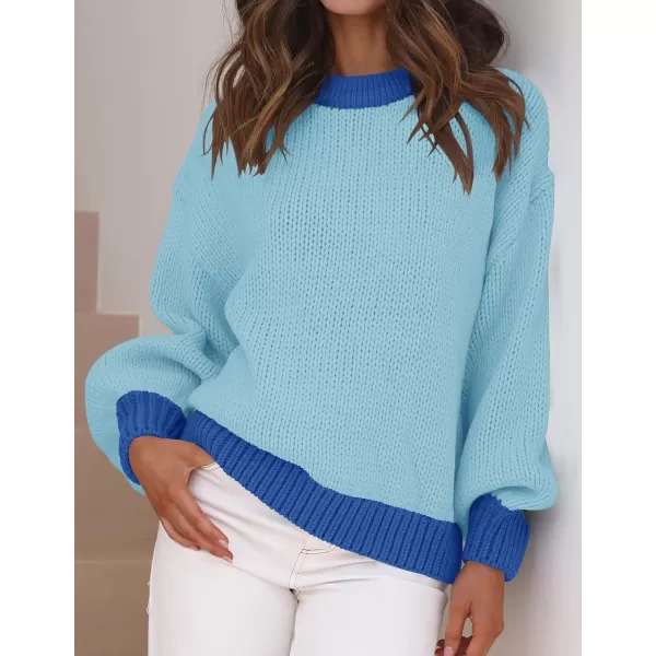 imageZESICA Womens Casual Long Sleeve Crew Neck Pullover 2023 Fall Ribbed Knit Loose Contrast Color Sweater TopsSky