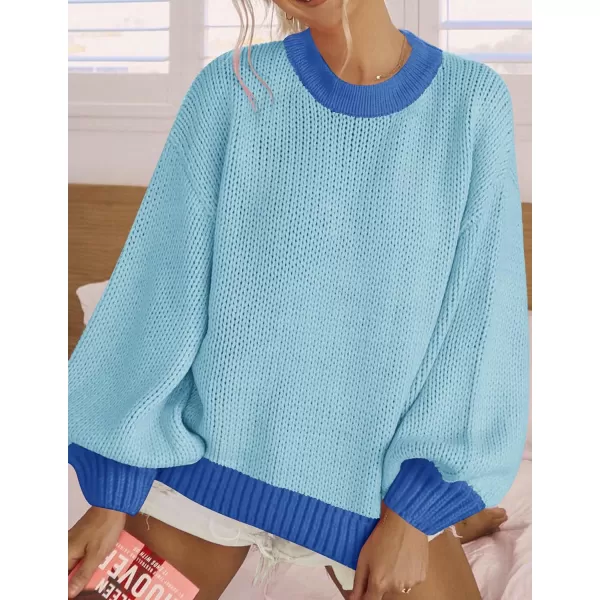 imageZESICA Womens Casual Long Sleeve Crew Neck Pullover 2023 Fall Ribbed Knit Loose Contrast Color Sweater TopsSky