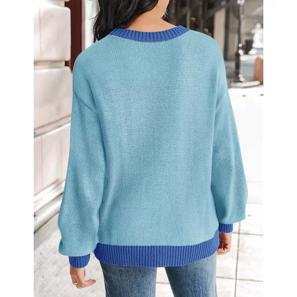 imageZESICA Womens Casual Long Sleeve Crew Neck Pullover 2023 Fall Ribbed Knit Loose Contrast Color Sweater TopsSky
