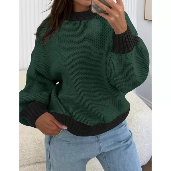 imageZESICA Womens Casual Long Sleeve Crew Neck Pullover 2024 Fall Ribbed Knit Loose Contrast Color Sweater TopsDarkgreen