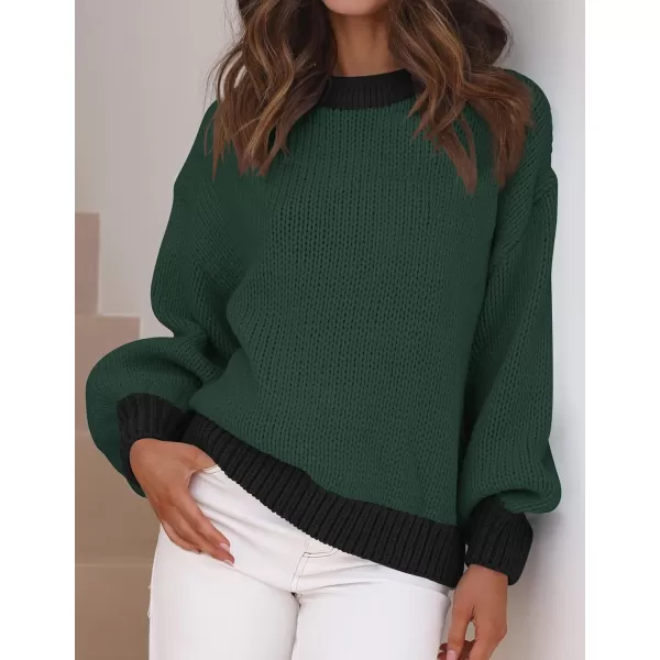 imageZESICA Womens Casual Long Sleeve Crew Neck Pullover 2024 Fall Ribbed Knit Loose Contrast Color Sweater TopsDarkgreen