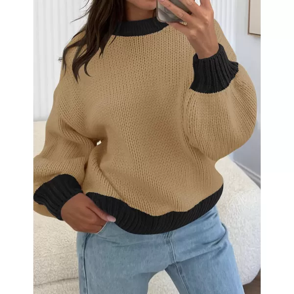imageZESICA Womens Casual Long Sleeve Crew Neck Pullover 2024 Fall Ribbed Knit Loose Contrast Color Sweater TopsOats