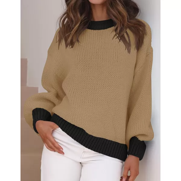 imageZESICA Womens Casual Long Sleeve Crew Neck Pullover 2024 Fall Ribbed Knit Loose Contrast Color Sweater TopsOats