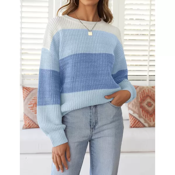 imageZESICA Womens Casual Long Sleeve Crew Neck Striped Color Block Oversized Loose Fit Soft Knit Sweater Pullover TopsBlue
