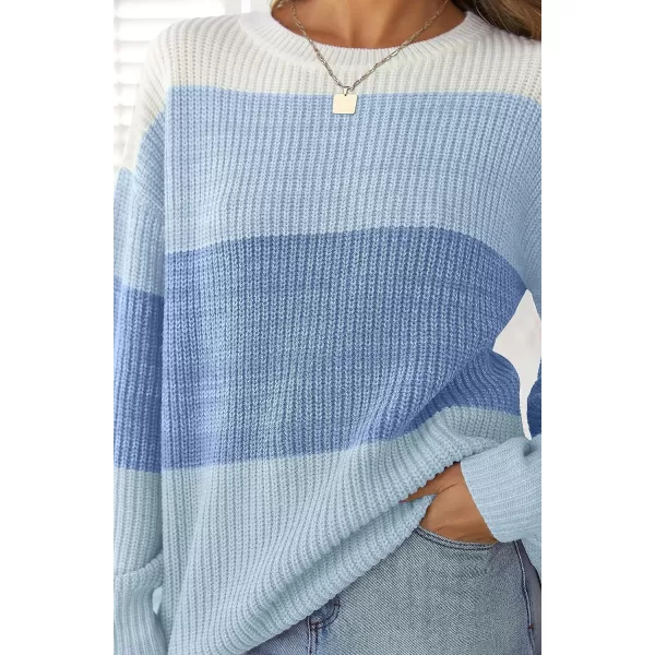 imageZESICA Womens Casual Long Sleeve Crew Neck Striped Color Block Oversized Loose Fit Soft Knit Sweater Pullover TopsBlue
