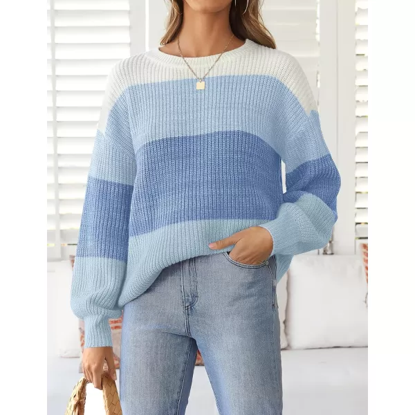 imageZESICA Womens Casual Long Sleeve Crew Neck Striped Color Block Oversized Loose Fit Soft Knit Sweater Pullover TopsBlue