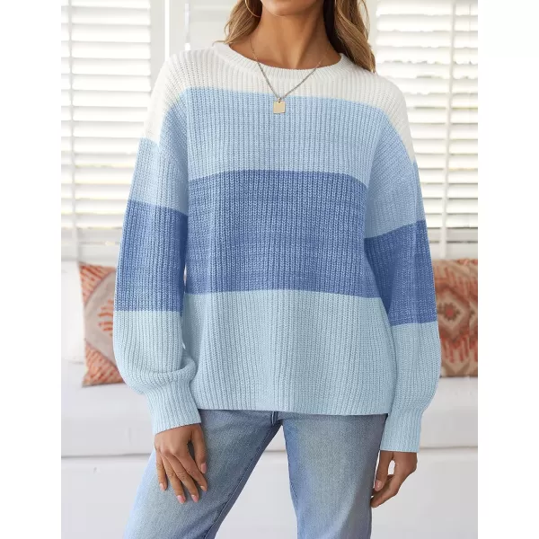 imageZESICA Womens Casual Long Sleeve Crew Neck Striped Color Block Oversized Loose Fit Soft Knit Sweater Pullover TopsBlue