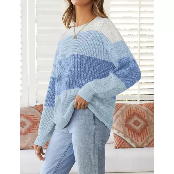imageZESICA Womens Casual Long Sleeve Crew Neck Striped Color Block Oversized Loose Fit Soft Knit Sweater Pullover TopsBlue