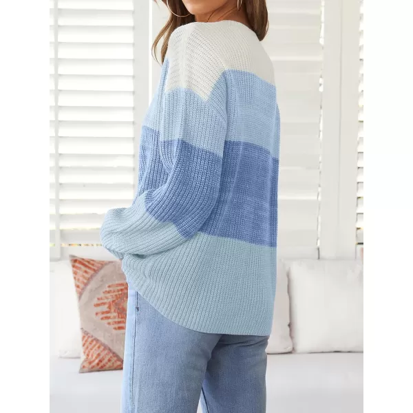imageZESICA Womens Casual Long Sleeve Crew Neck Striped Color Block Oversized Loose Fit Soft Knit Sweater Pullover TopsBlue