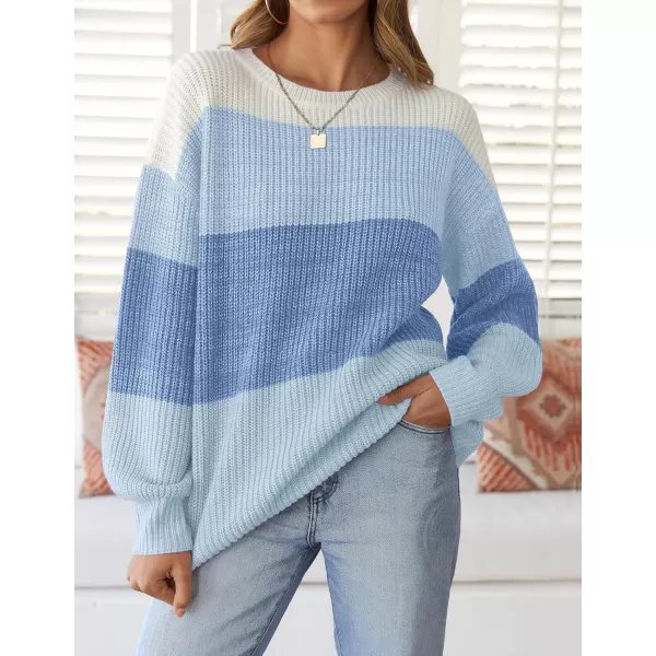 imageZESICA Womens Casual Long Sleeve Crew Neck Striped Color Block Oversized Loose Fit Soft Knit Sweater Pullover TopsBlue