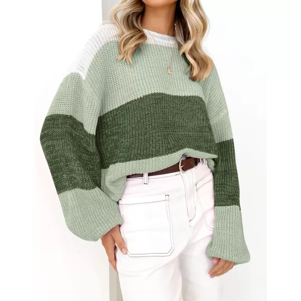 imageZESICA Womens Casual Long Sleeve Crew Neck Striped Color Block Oversized Loose Fit Soft Knit Sweater Pullover TopsGreen