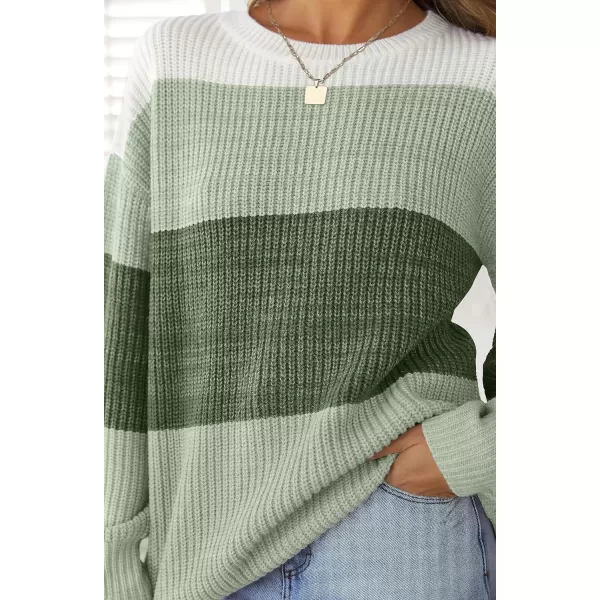 imageZESICA Womens Casual Long Sleeve Crew Neck Striped Color Block Oversized Loose Fit Soft Knit Sweater Pullover TopsGreen