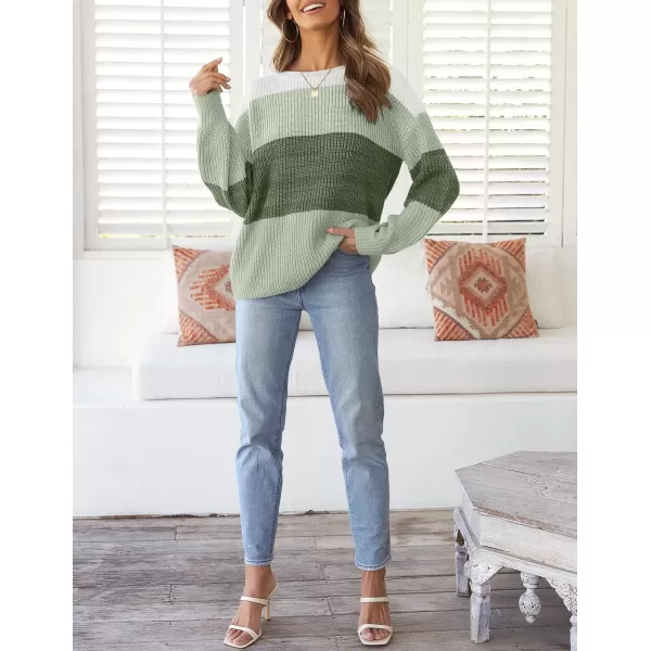 imageZESICA Womens Casual Long Sleeve Crew Neck Striped Color Block Oversized Loose Fit Soft Knit Sweater Pullover TopsGreen