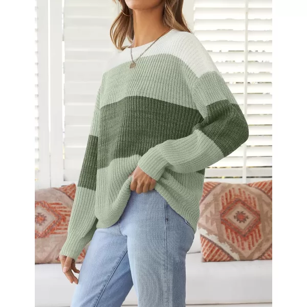 imageZESICA Womens Casual Long Sleeve Crew Neck Striped Color Block Oversized Loose Fit Soft Knit Sweater Pullover TopsGreen