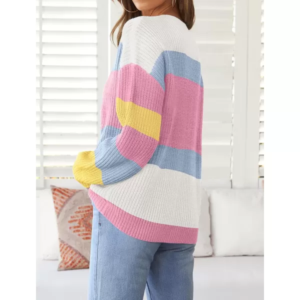 imageZESICA Womens Casual Long Sleeve Crew Neck Striped Color Block Oversized Loose Fit Soft Knit Sweater Pullover TopsHotpink