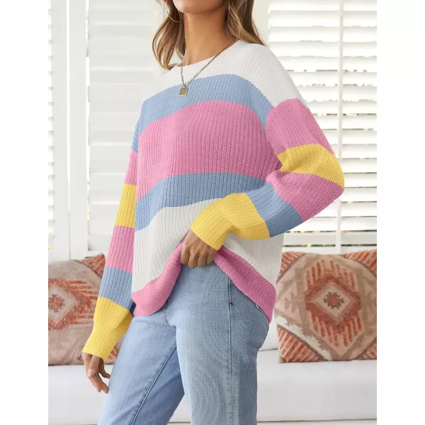 imageZESICA Womens Casual Long Sleeve Crew Neck Striped Color Block Oversized Loose Fit Soft Knit Sweater Pullover TopsHotpink