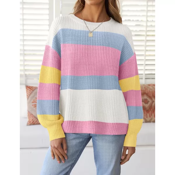 imageZESICA Womens Casual Long Sleeve Crew Neck Striped Color Block Oversized Loose Fit Soft Knit Sweater Pullover TopsHotpink