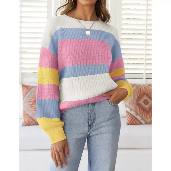 imageZESICA Womens Casual Long Sleeve Crew Neck Striped Color Block Oversized Loose Fit Soft Knit Sweater Pullover TopsHotpink