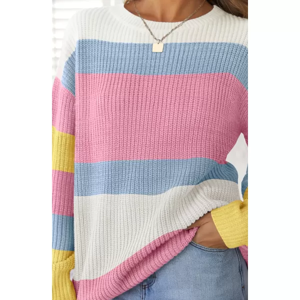 imageZESICA Womens Casual Long Sleeve Crew Neck Striped Color Block Oversized Loose Fit Soft Knit Sweater Pullover TopsHotpink