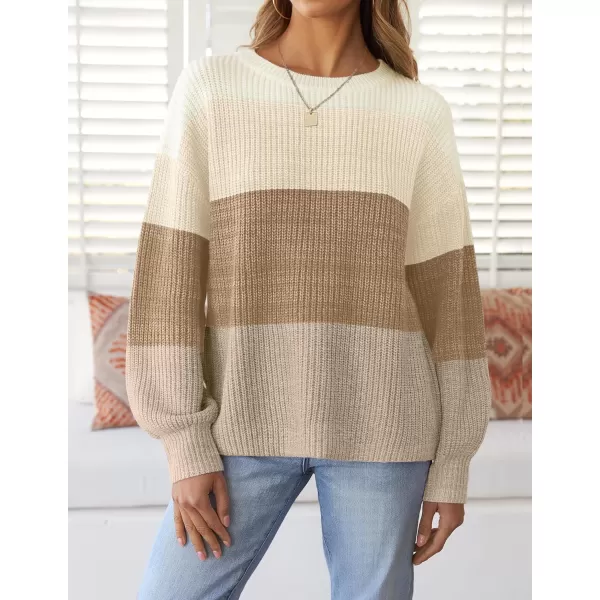 imageZESICA Womens Casual Long Sleeve Crew Neck Striped Color Block Oversized Loose Fit Soft Knit Sweater Pullover TopsKhaki