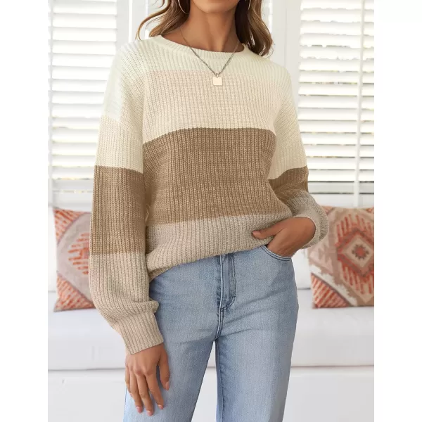 imageZESICA Womens Casual Long Sleeve Crew Neck Striped Color Block Oversized Loose Fit Soft Knit Sweater Pullover TopsKhaki