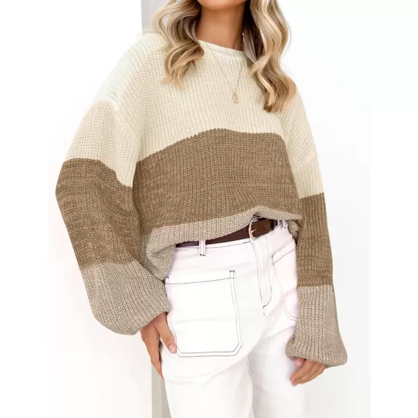 imageZESICA Womens Casual Long Sleeve Crew Neck Striped Color Block Oversized Loose Fit Soft Knit Sweater Pullover TopsKhaki