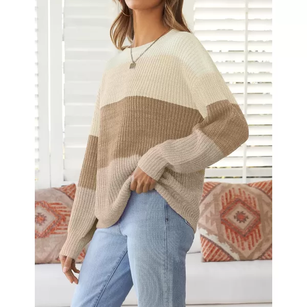 imageZESICA Womens Casual Long Sleeve Crew Neck Striped Color Block Oversized Loose Fit Soft Knit Sweater Pullover TopsKhaki