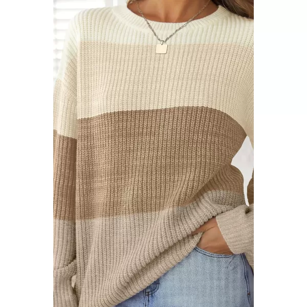 imageZESICA Womens Casual Long Sleeve Crew Neck Striped Color Block Oversized Loose Fit Soft Knit Sweater Pullover TopsKhaki