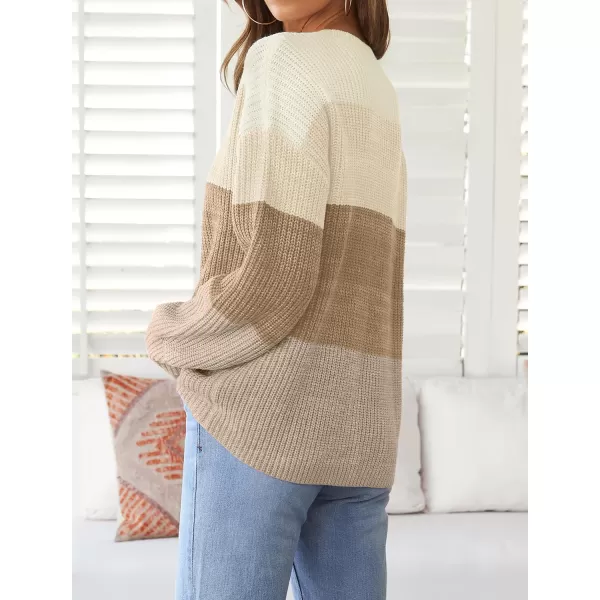 imageZESICA Womens Casual Long Sleeve Crew Neck Striped Color Block Oversized Loose Fit Soft Knit Sweater Pullover TopsKhaki