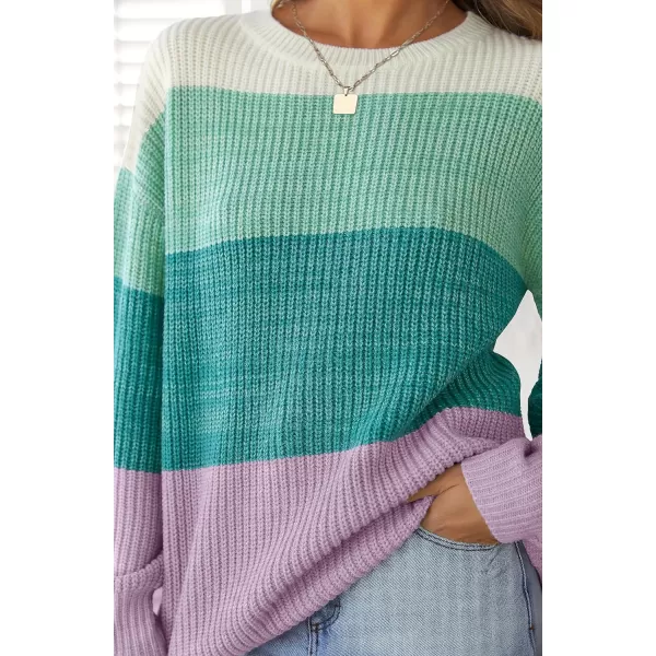 imageZESICA Womens Casual Long Sleeve Crew Neck Striped Color Block Oversized Loose Fit Soft Knit Sweater Pullover TopsMint