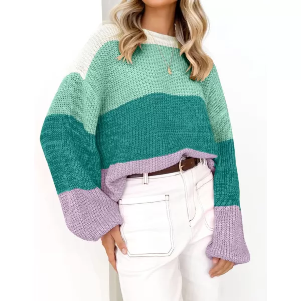 imageZESICA Womens Casual Long Sleeve Crew Neck Striped Color Block Oversized Loose Fit Soft Knit Sweater Pullover TopsMint