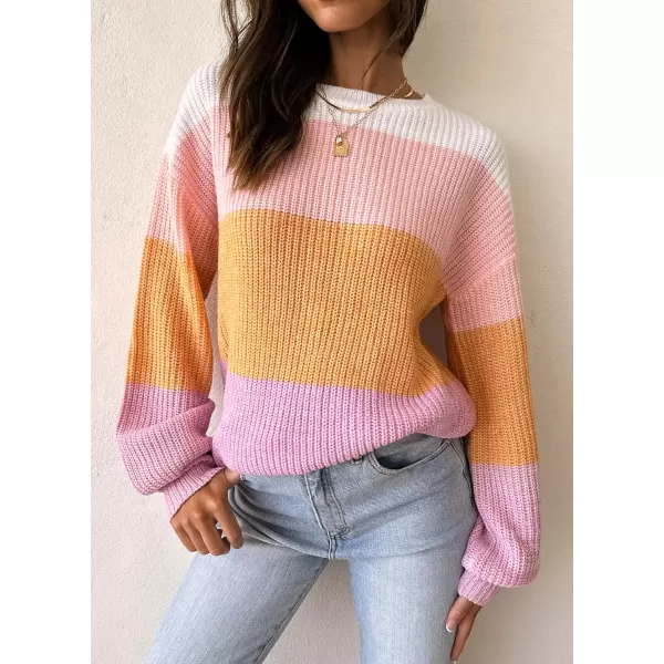 imageZESICA Womens Casual Long Sleeve Crew Neck Striped Color Block Oversized Loose Fit Soft Knit Sweater Pullover TopsPink