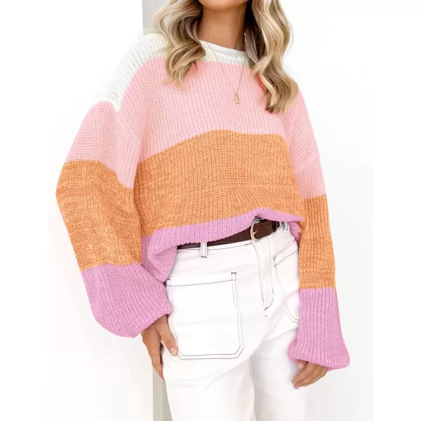 imageZESICA Womens Casual Long Sleeve Crew Neck Striped Color Block Oversized Loose Fit Soft Knit Sweater Pullover TopsPink