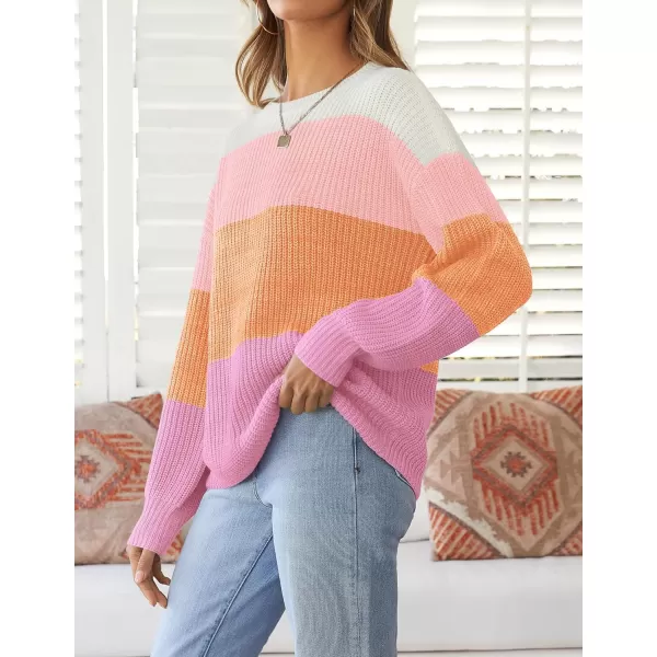 imageZESICA Womens Casual Long Sleeve Crew Neck Striped Color Block Oversized Loose Fit Soft Knit Sweater Pullover TopsPink