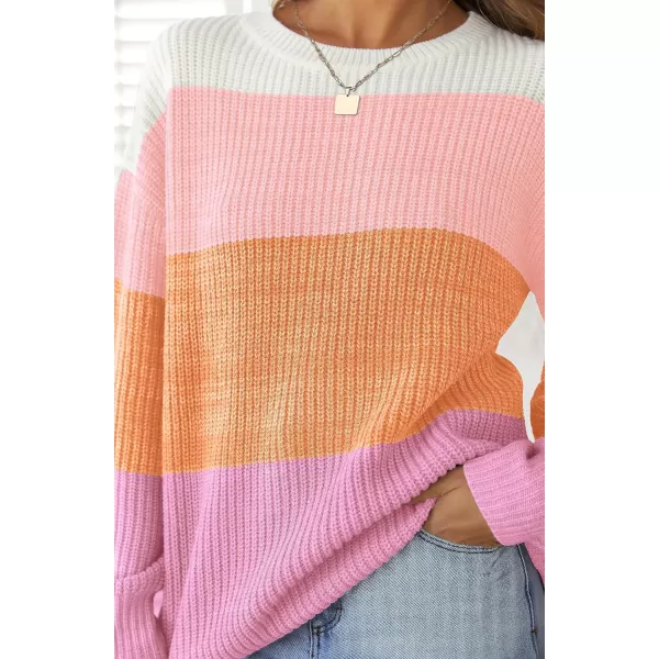 imageZESICA Womens Casual Long Sleeve Crew Neck Striped Color Block Oversized Loose Fit Soft Knit Sweater Pullover TopsPink