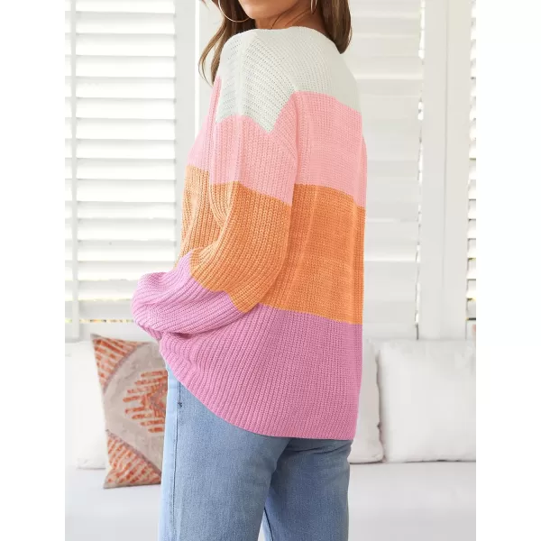 imageZESICA Womens Casual Long Sleeve Crew Neck Striped Color Block Oversized Loose Fit Soft Knit Sweater Pullover TopsPink