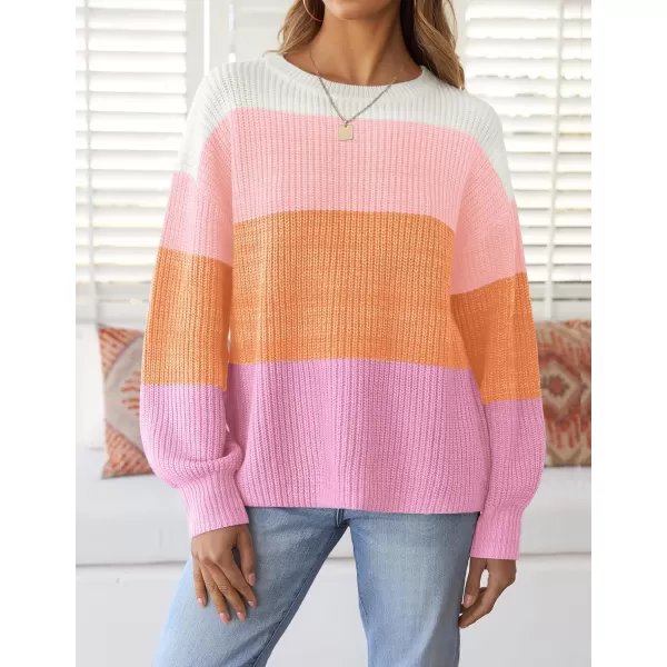 imageZESICA Womens Casual Long Sleeve Crew Neck Striped Color Block Oversized Loose Fit Soft Knit Sweater Pullover TopsPink