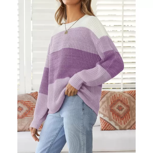 imageZESICA Womens Casual Long Sleeve Crew Neck Striped Color Block Oversized Loose Fit Soft Knit Sweater Pullover TopsTaro