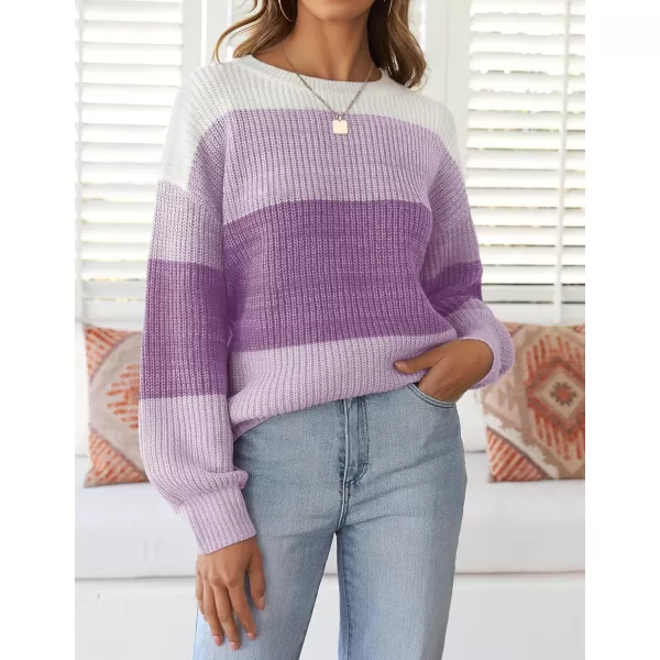 imageZESICA Womens Casual Long Sleeve Crew Neck Striped Color Block Oversized Loose Fit Soft Knit Sweater Pullover TopsTaro